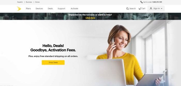 This screenshot of the home page for Sprint has a gray header, a white navigation bar, a bar showing a stormy cityscape and an invitation to help people who were impacted by a tornado, and a photo of a smiling woman in a yellow shirt talking on a cell phone with a tablet in her other hand, next to black text announcing deals and a yellow call to action button.