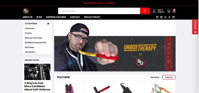 This screenshot of the home page for StatGearTools has a black header and search bar with red and white lettering above a left text column with categories to browse and a link to a blog post, as well as a photo on the right of a blond bearded man in a black jacket and black hat holding a red and yellow knife toward the camera, above a row of product photos.