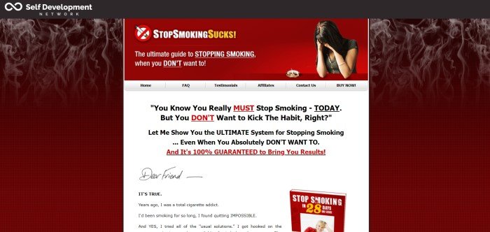 This screenshot of the home page for Stop Smoking Sucks has a black header, a red smoke-filled background, and a main section with a red header that includes a photo of a dark-haired woman crying above a white text section with black and red lettering describing the program.