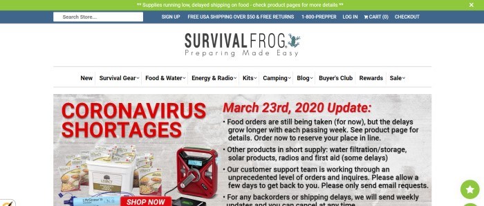 This screenshot of the home page for Survival Frog has a pale green upper header, blue lower header and search bar, and a white navigation bar above a photo of some food storage in buckets and pouches, a solar power radio/phone charger, and a LifeStraw in front of a beige background, along with red and black text describing shortages caused by the coronavirus pandemic.