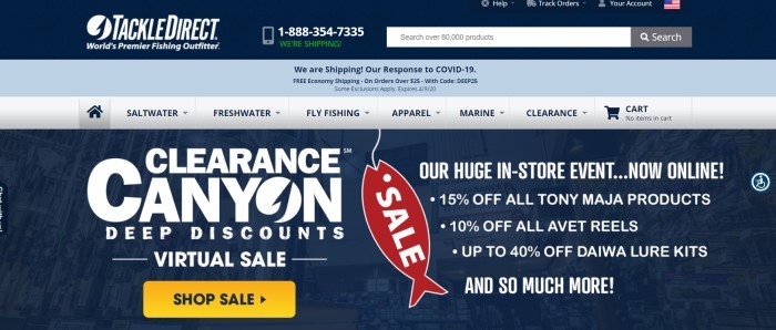 This screenshot of the home page for TackleDirect has a dark blue upper heading, a light blue lower heading with shipping information, a gray navigation bar, and a dark blue main section with white text and a red sales tag graphic describing a deep discount sale.