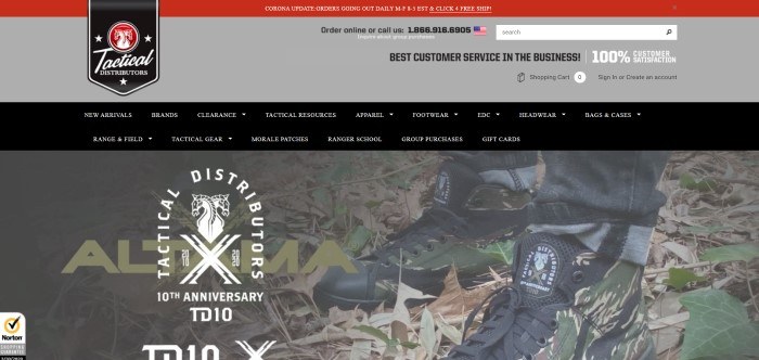 This screenshot of the home page for Tactical Distributors has a red header with coronavirus updates, a gray search bar, a black navigation bar with white lettering, and a dark filtered photo of a man's feet in Tactical Distributors boots as he stands outside in dry leaves, along with white text announcing the 10th anniversary of the company.