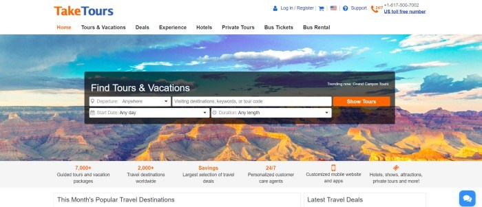 This screenshot of the home page for Take Tours has a white header with an orange and blue logo and black text in the navigation bar above a photo of the grand canyon, along with a black search bar, and at the bottom of the page, there is text describing the different features of Take Tours.