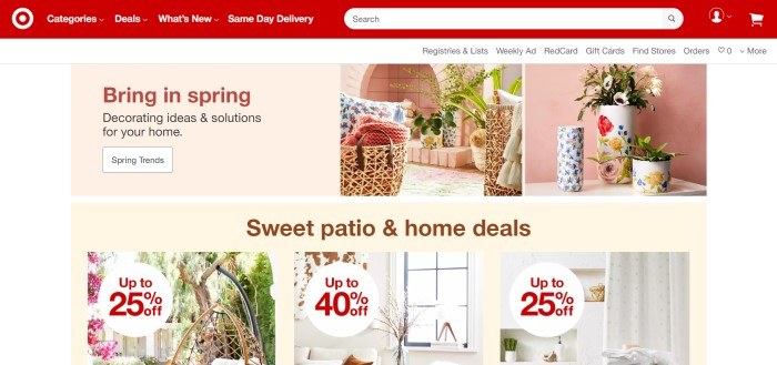 This screenshot of the home page for Target has a red navigation and search bar, a white background, and a main section with beige background windows with photos of floral spring home décor and patio furniture, along with text in brown and dark red announcing spring home décor and patio deals.