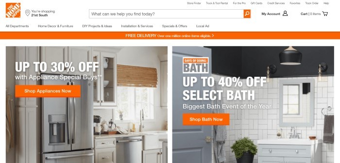 This screenshot of the home page for The Home Depot has a white search and navigation bar, an orange bar announcing free delivery, and two side-by-side photos showing 1) a white kitchen with stainless steel appliances, and 2) a white tiled bathroom, and both photos have white text announcing sales, along with orange call-to-action buttons.