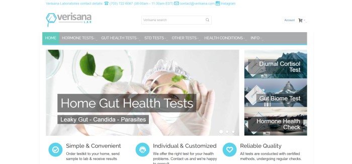 This screenshot of the home page of Verisana Lab has a white header, a gray navigation bar, and a photo of a woman in lab gloves and a white surgical cap hovering over leaves in petri dishes, as well as a gray text box with white lettering announcing home gut health tests, and on the right side of the page, there is a column with photos and text boxes announcing three other types of at-home health tests. 