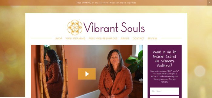 This screenshot of the home page for Vibrant Souls has a tan heading announcing free shipping, a gold background, and a white middle section with purple and white text in the navigation bar above a photo of a dark-haired woman in a brown cardigan meditating on the edge of a bed in a warm-colored bedroom, along with a purple text box with white lettering inviting women to sign up for free tips.