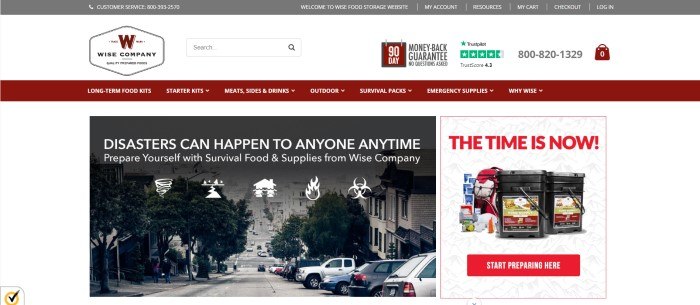 This screenshot of the home page for Wise Food Storage has a gray header, a white search bar with information on a money-back guarantee, a red navigation bar, and a white main section with a photo on the left side of the page showing a city street with white text reading 'Disasters can happen to anyone anytime' and a photo on the right side of the page showing an emergency kit with red lettering reading 'The time is now.'