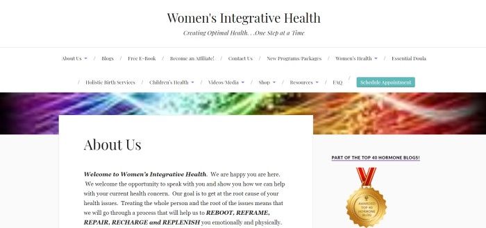 This screenshot of the home page for Women's Integrative Health has a white header and navigation bar above a dark bar containing streaks of multi-colored light, as well as a white middle text section with black writing that shares information about the company, and an award section on the right side of the page announcing that the blog is one of the top 40 hormone blogs.