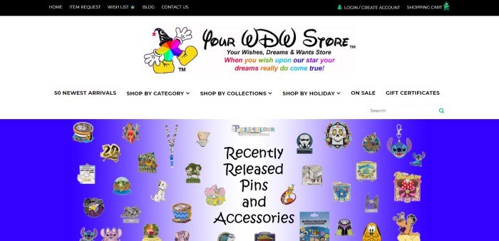 This screenshot of the home page for Your WDW Store has a black navigation bar above a multicolored star with white gloves, yellow shoes, and a black hat decorated with stars and moons, along with text in black and rainbow colors announcing that dreams can come true with Your WDW Store, and then a white navigation bar with black text above a blue and white photo showing multicolored collector's pins featuring a variety of Disney characters.