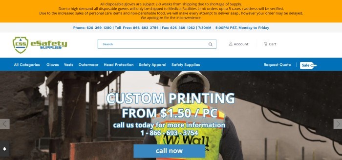 This screenshot of the home page for eSafety Supplies includes an orange header informing customers that disposable gloves are in short supply, above a white search bar, a blue navigation bar with white lettering, and a photo showing the back of a construction worker in a white hard hat and a yellow vest, along with text in white announcing the ability to have custom printing jobs on the apparel, with a blue call to action button.