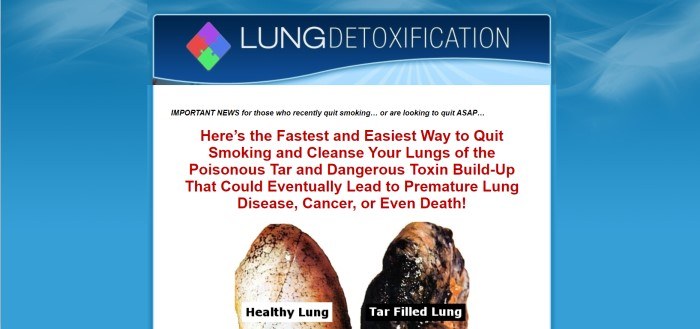 This screenshot of the home page for Lung Detoxification has a blue background, a dark blue header with a colorful logo, and a white center section with text in red and black and a photo showing a diseased lung next to a healthy one.