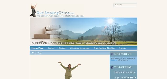 This screenshot of the home page for Quit Smoking Online has a small image of a woman in gray clothing jumping up in a victory pose near the header, above a panoramic photo of a mountain landscape with three cigarette butts overlaying it, a blue navigation bar, and a beige section with a woman standing in a victory pose next to and above more information about the program.