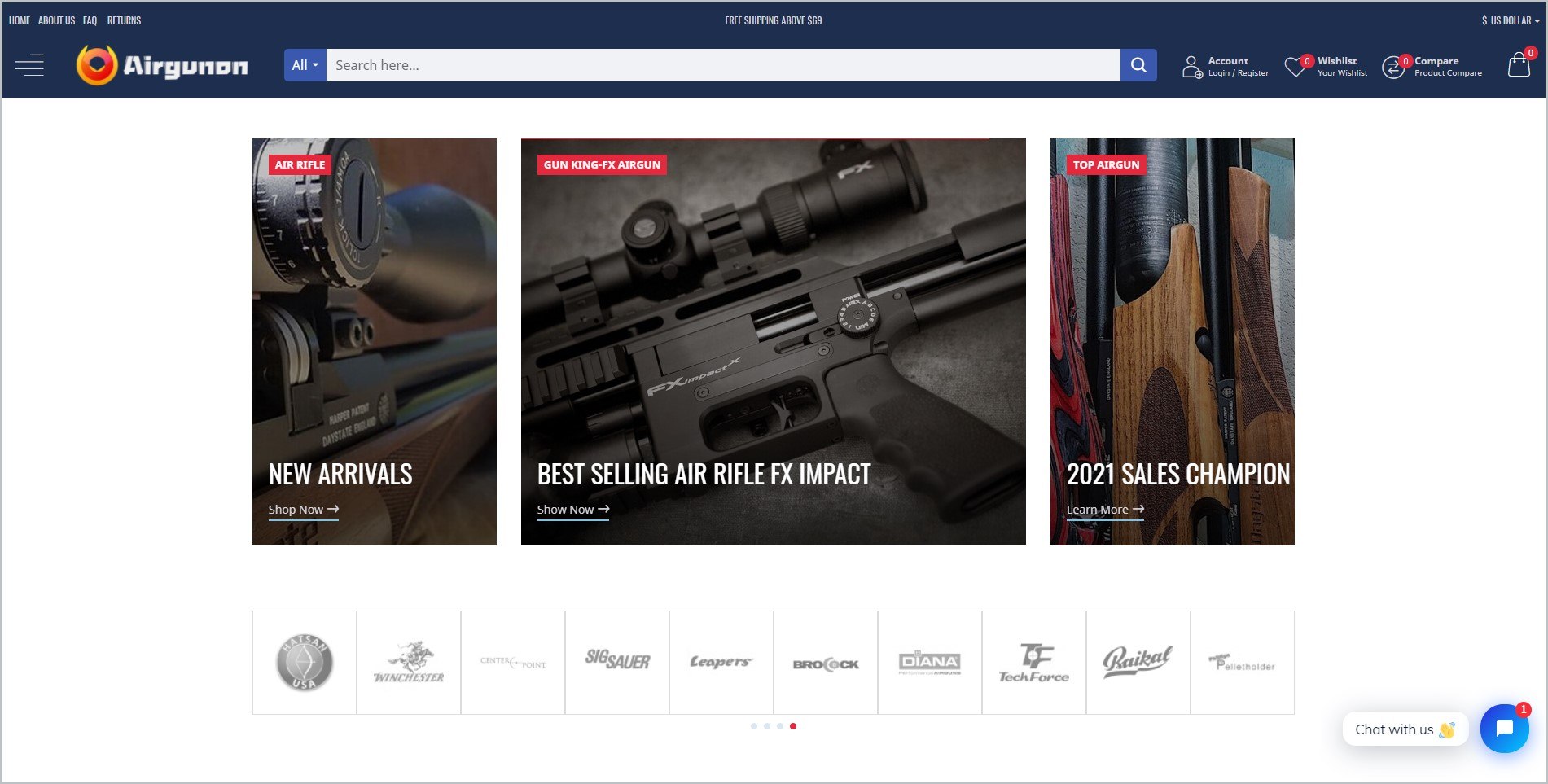 screenshot of Airgun On homepage with dark blue header bearing the website's name and main navigation menu, it features images of different air guns