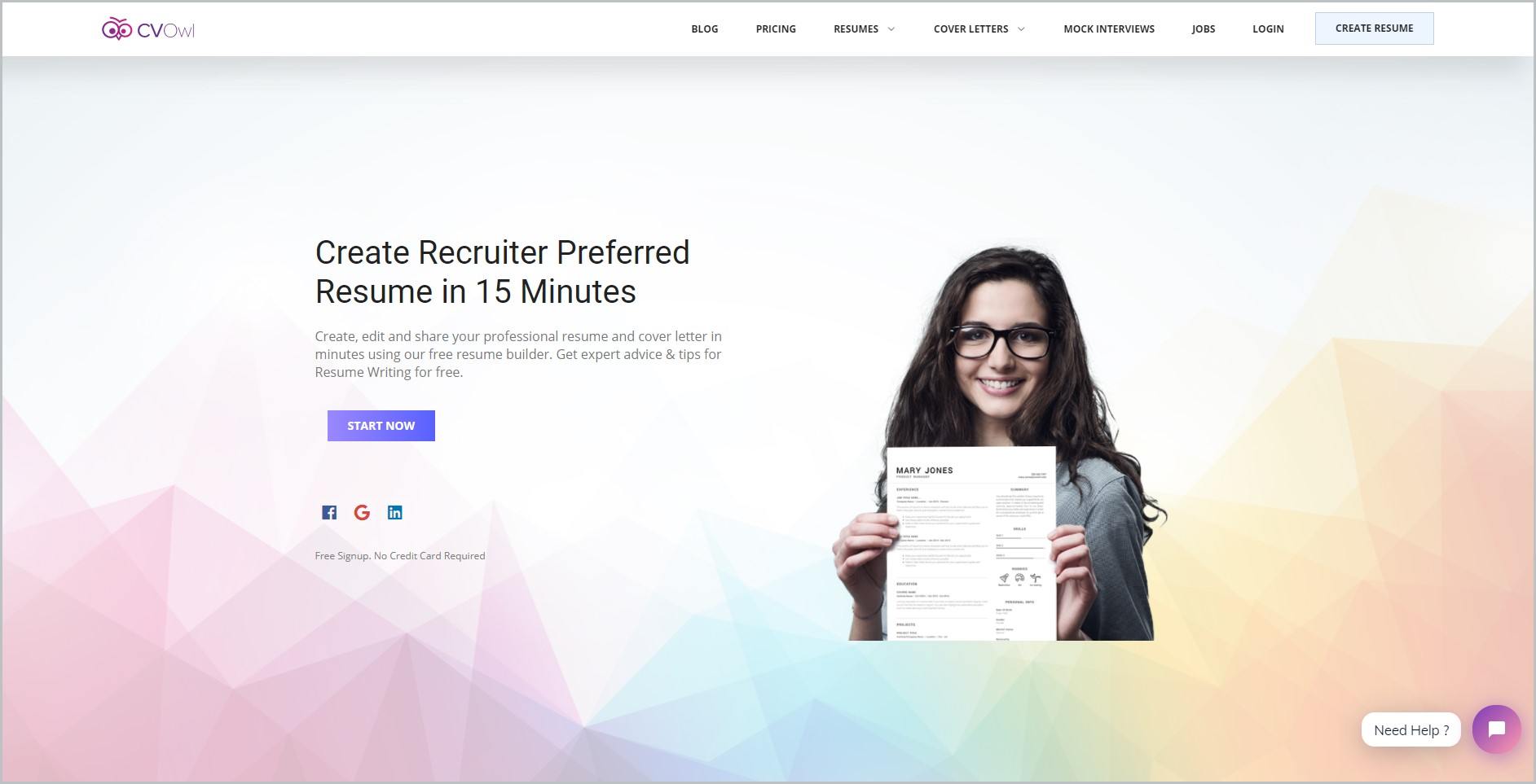 screenshot of CV Owl homepage with white header bearing the website's name and main navigation menu, it showcases an image of a smiling brunette with eyeglasses holding out a resume