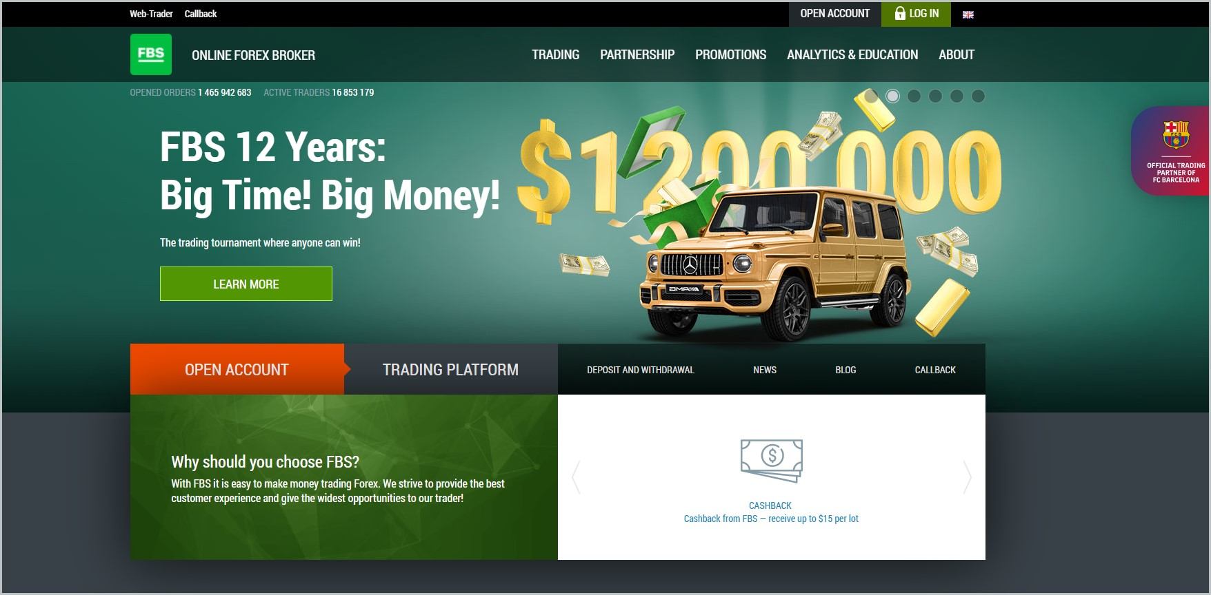 screenshot of FBS homepage, with black header bearing the website's name and main navigation menu