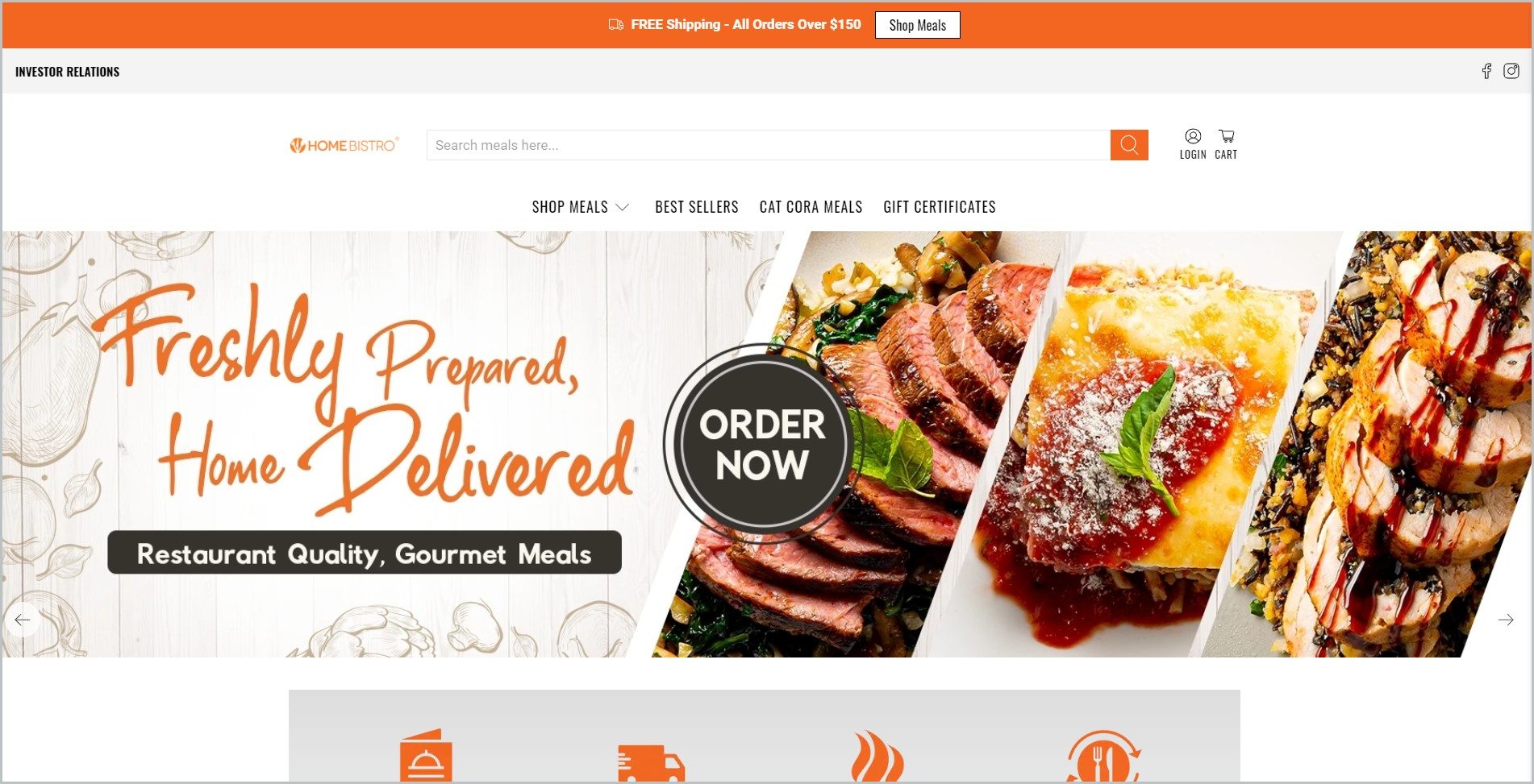 screenshot of Home Bistro, with orange announcement bar, white header with the website's name and main navigation menu, it features images of beautifully plated gourmet dishes