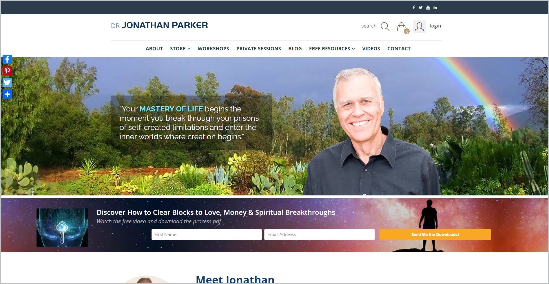 screenshot of Jonathan Parker homepage with black announcement bar, white header with the website's name and main navigation menu, it showcases a smiling image of Dr. Jonathan Parker