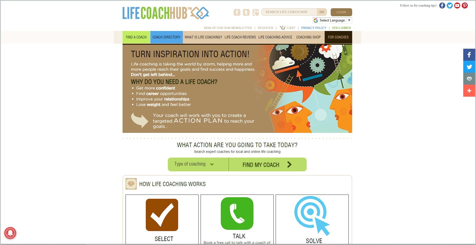 screenshot of Life Coach Hub homepage, with white header with the website's name and mostly brown main navigation bar