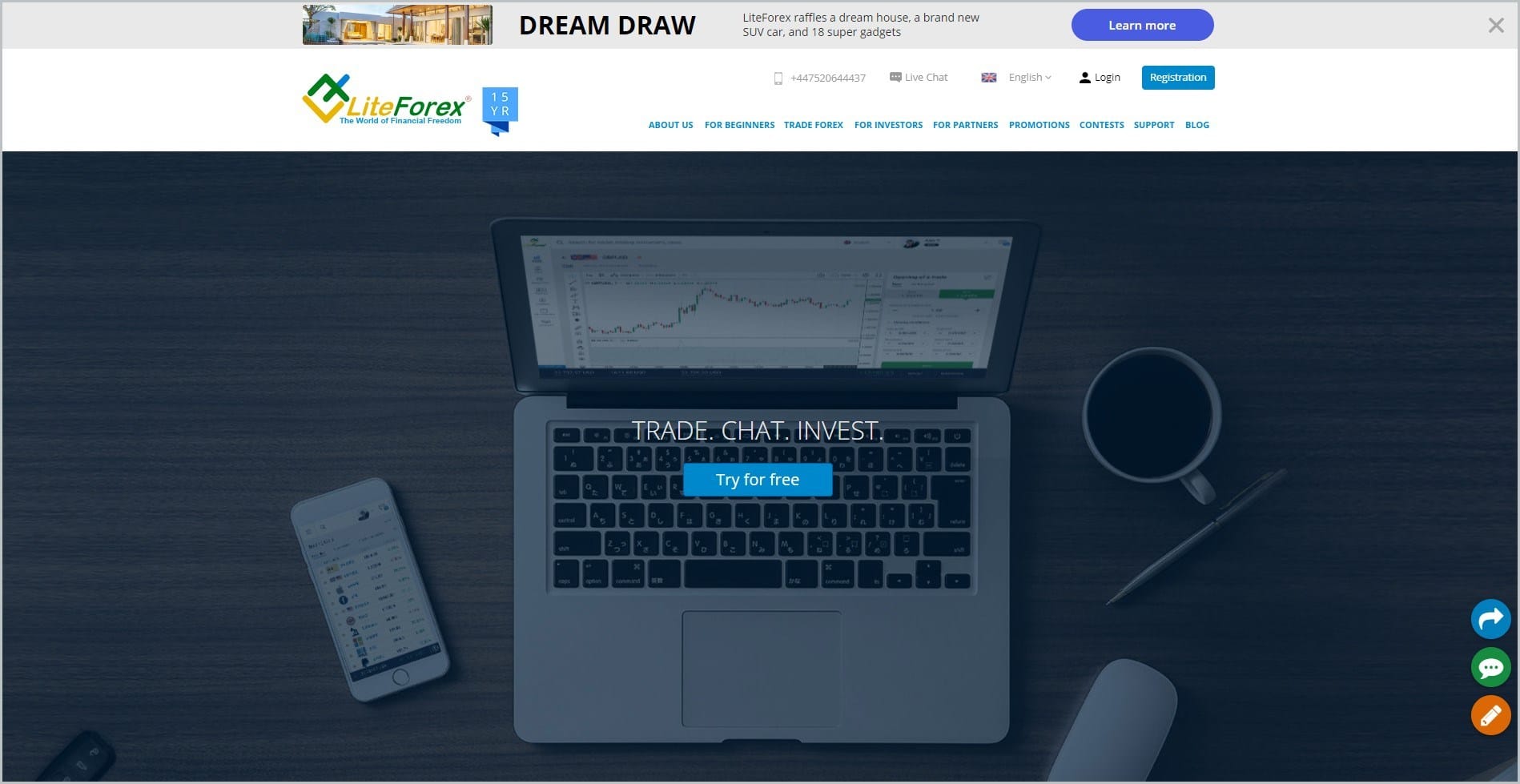 screenshot of LiteForex homepage with grey announcement bar, white header with the website's name and main navigation menu, it features an open laptop with text overlay with free trial button