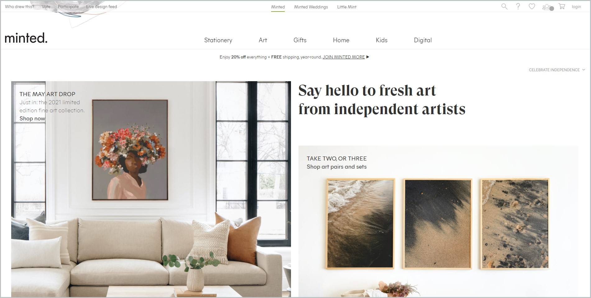 screenshot of Minted homepage with white header with the website's name and main navigation menu, it features an image of living room setup with fine art paintings