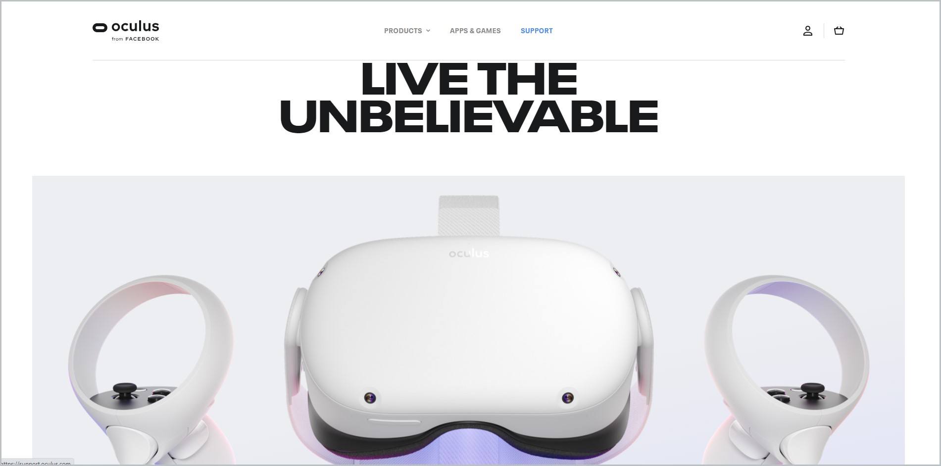 screenshot of Oculus homepage, with white header bearing the website's name and main navigation menu, it features one of the company's vr headsets