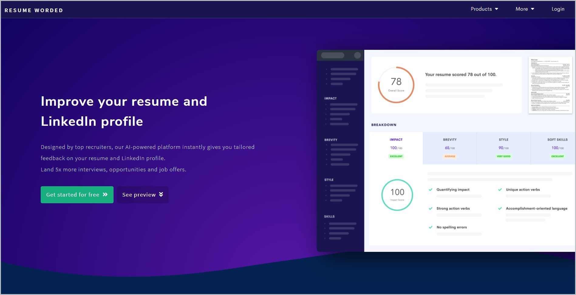 screenshot of Resume Worded homepage with dark blue header with the website's name and main navigation menu, it showcases a generally blue-violet page with an image of their resume tools