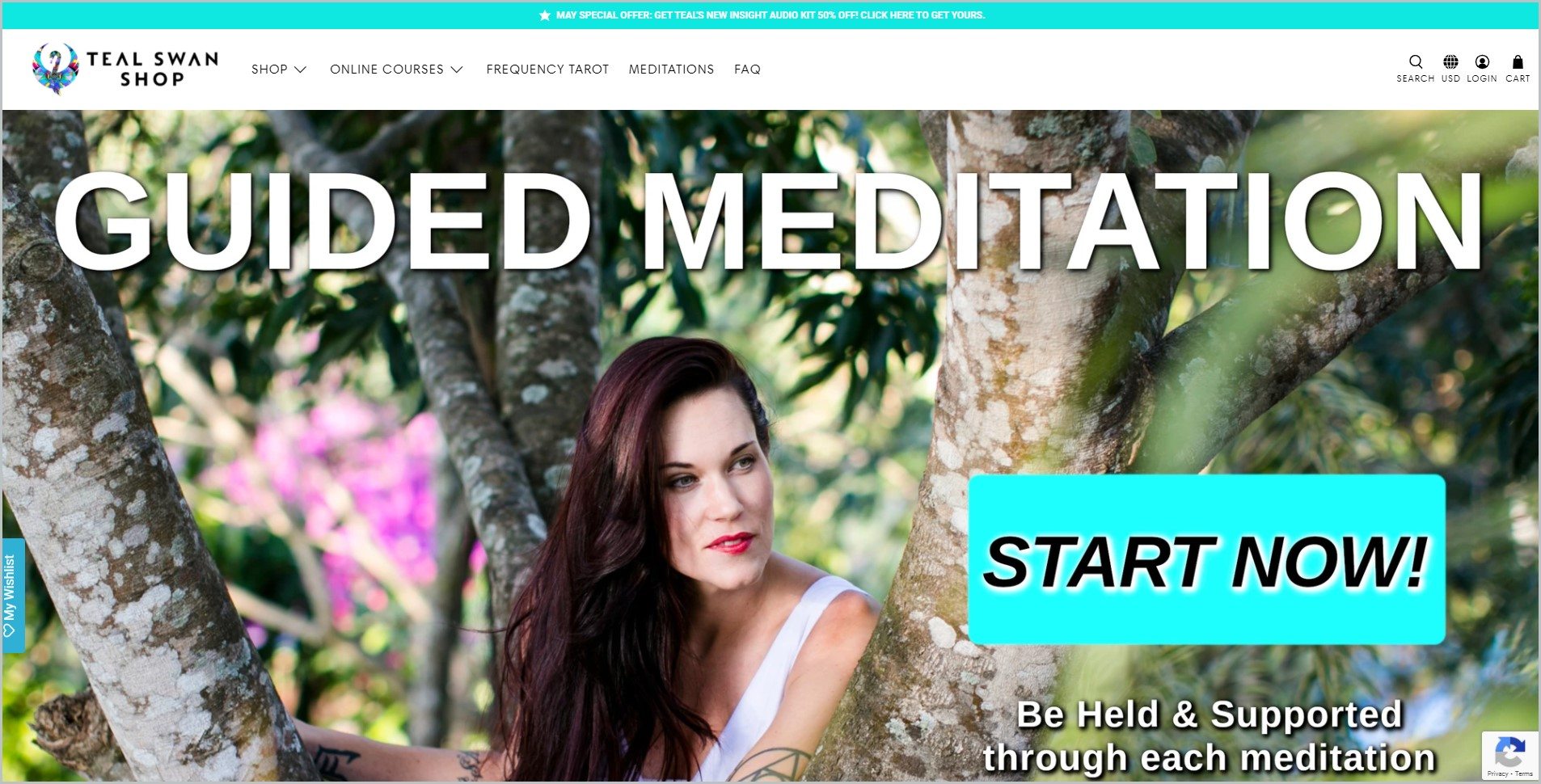 screenshot of Teal Swan homepage with teal announcement bar, white header bearing the website's name and main navigation menu, it showcases an image of Teal Swan with an overlay text 'Guided Meditation'