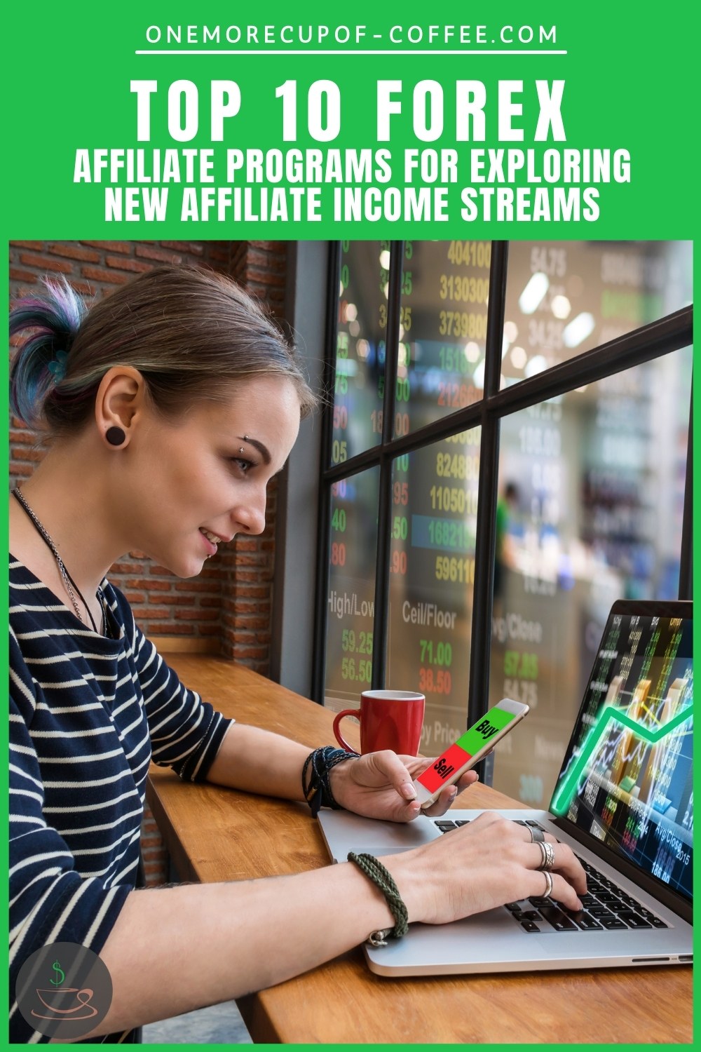 woman wearing striped white and blue top, hair tie up in a bun, holding mobile phone in one hand, other hand is working on an open laptop with trading platform software on it, text at the top in green background "Top 10 Forex Affiliate Programs For Exploring New Affiliate Income Streams"