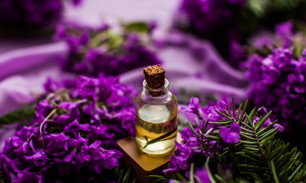 brilliant bright lavendar flowers with rosemary and essential oil bottle with rough cork