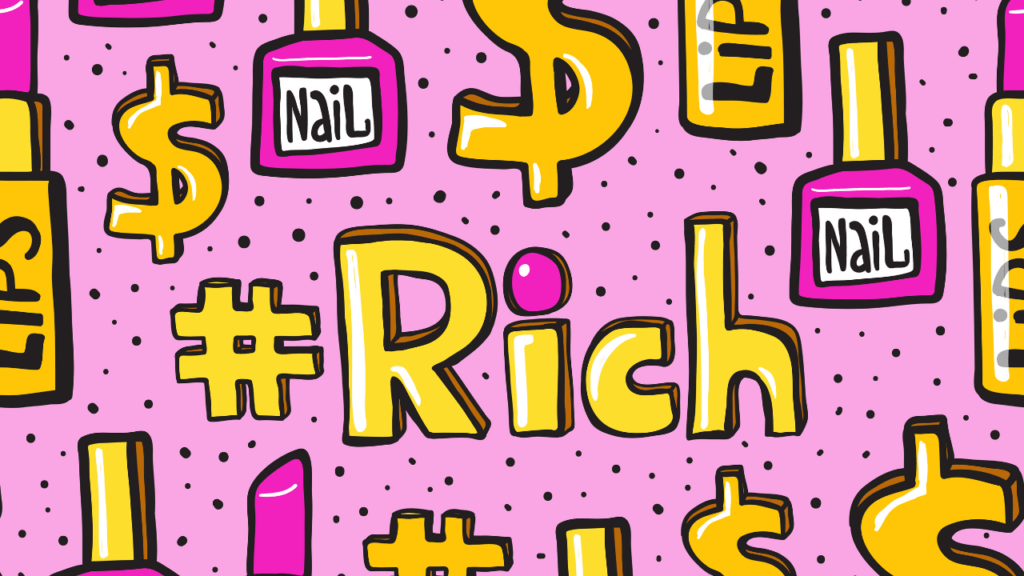 nail art graphic with money signs lip gloss and nail polish