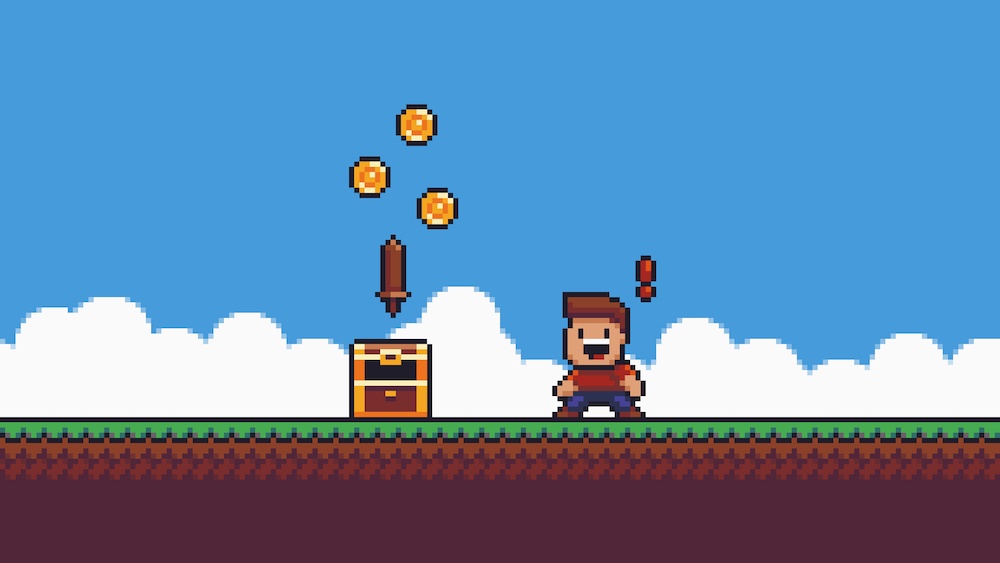 retro video game with treasure chest and coins to represent video game bloggers making money