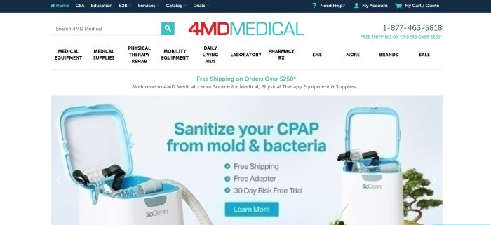 This screenshot of the home page for 4MDMedical has a white background and navigation bar with red and aqua-colored elements, above a photo of a CPAP sanitizing system behind aqua-colored text that describes it and a 'learn more' button in aqua.