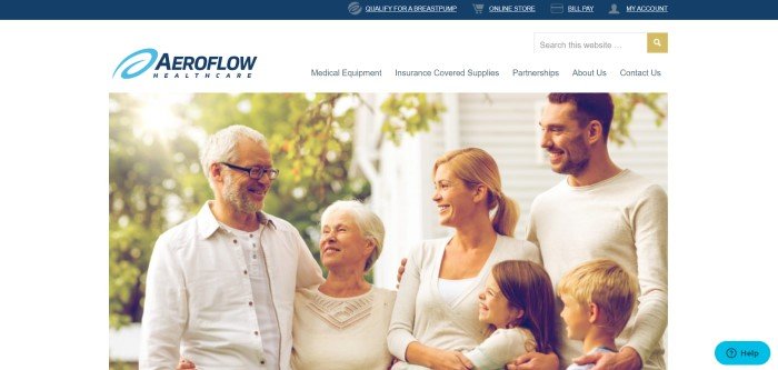 This screenshot of the home page for AeroFlow Healthcare has a white navigation bar and background above and around a large photo of a set of parents with a boy and girl, facing and talking to an elderly couple outside a white home with trees around it.