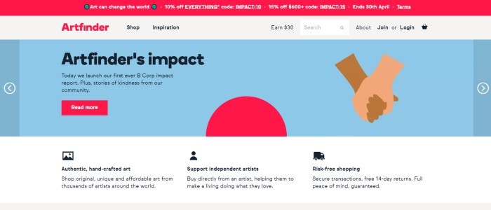 This screenshot of the home page for Artfinder has a red header, a white navigation bar, and a blue section with a graphic of two hands holding on to each other, along with a red circle and a red call to action button under black text describing a new art impact report.