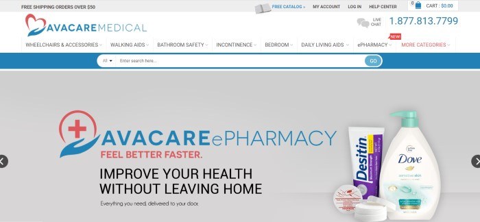 This screenshot of the home page for AvaCare Medical has a gray header, a white navigation bar, a blue search bar, and a gray main section with text in blue, black, and red announcing the AvaCare ePharmacy, along with a photo of personal care items that could be purchased in a drug store.