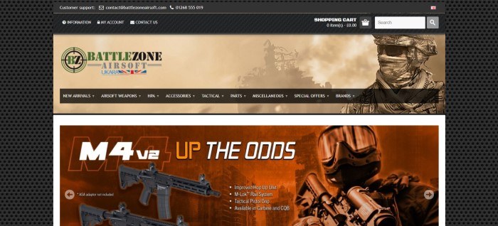 This screenshot of the home page for Battlezone Airsoft UK has a black background, a main photo showing people in tactical gear in what appears to be war zones, along with images of airsoft guns, and a navigation bar in brown with white lettering.