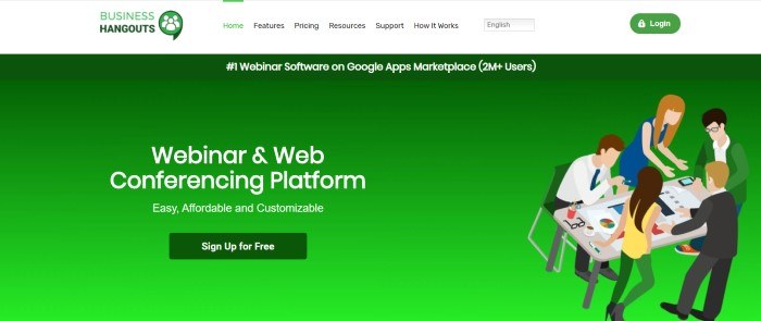 This screenshot of the home page for Business Hangouts has a white navigation bar above a green main section with a darker green call-to-action button, white text announcing the webinar and web conferencing platform, and a small graphic on the right side of the screen showing a group of people surrounding a work table, looking at charts and work documents.