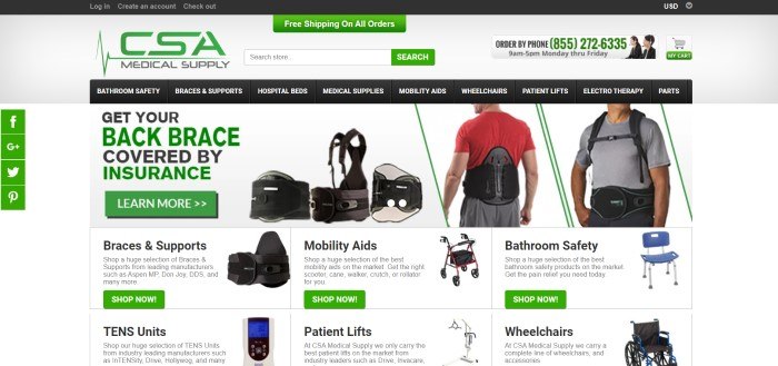 This screenshot of the home page for CSA Medical Supply has a gray background, green elements (including search and call to action buttons), a black navigation bar, an advertisement for getting back braces covered by insurance, and photos of a selection of some of the products sold through this store.