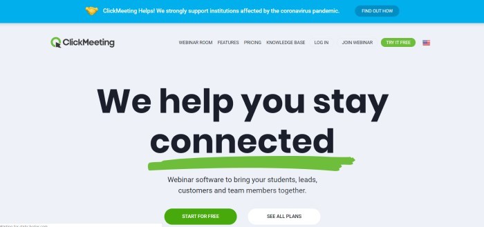 This screenshot of the home page for ClickMeeting has a blue header, a white navigation bar, and a white main section with black text announcing software to keep people connected, along with two green call-to-action buttons.