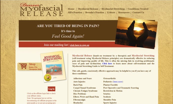 This screenshot of the home page for Denver Myofascial Release has a gold background with a transparent navigation bar above a main section with a brown header, a red announcement bar, an invitation on the left to read the Myofascial Stretching book, and a text section on the right describing Myofascial Release and the conditions it can treat.