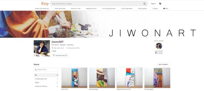 This screenshot of the home page for the Etsy storefront for JiWon Moon Art has a white navigation bar and gray search section above a header showing a woman's hands wringing out white fibers over a paint bucket, above a white main section that includes a photo of artist JiWon Moon, a search area, and a row of four photos featuring JiWon Moon's most recent artwork.