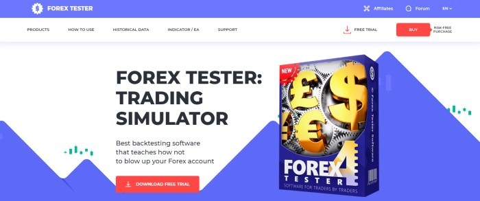 This screenshot of the home page for ForexTester has a blue header, a white navigation bar, and a white and blue main section with a photo of the Forex Tester trading simulator and black text announcing it, along with a red call to action button.