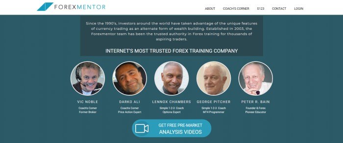 This screenshot of the home page for ForexMentor has a white header and navigation bar above a dark teal background with a row of circle headshots of people who work at ForexMentor, beneath white text announcing ForexMentor and above a blue call to action button.