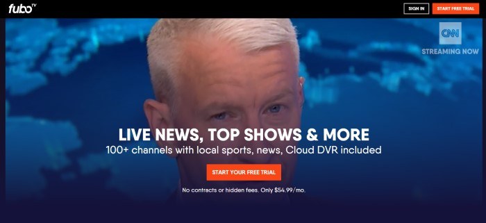 This screenshot of the home page for Fubo TV has a black header above a photo of a blonde news reporter in front of blue background, along with white text and an orange call to action button.