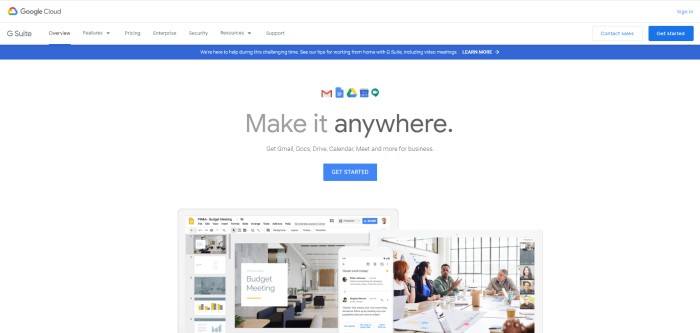 This screenshot of the home page for G Suite has a white header and navigation bar, a blue bar announcing work from home features from G Suite, and a white main section with Google icons, a blue call to action button, and gray and black text inviting customers to make their projects wherever they are, above screenshots of a budget meeting and budget meeting planning documents online.