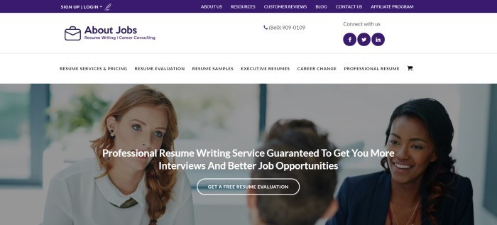 This screenshot of the home page for Got The Job has a dark blue navigation bar with white text above a white navigation bar including blue social media icons and a blue logo, above a photo of two women and a man in business clothing talking in what appears to be a business setting, along with white text announcing the resume writing service, and a white call to action button.