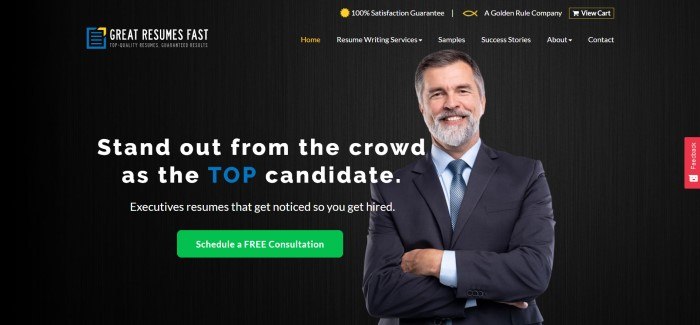 This screenshot of the home page for Great Resumes Fast has a black background with a photo of a smiling bearded man in a business suit, along with blue and white text inviting customers to use the services and stand out from other candidates, along with a green call to action button.