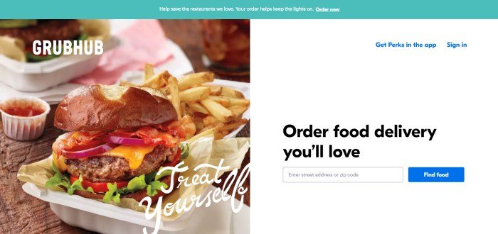 This screenshot of the home page for GrubHub has an aqua-colored header with white text inviting people to order above a split main section with a photo of a burger and fries on the left side of the page and a white section with black text inviting people to order food on the right side of the page, along with a search bar to get started.