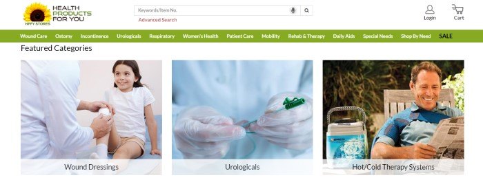 This screenshot of the home page for Health Products For You has a white search bar, a green navigation bar, and a white main section with a row of photos representing different categories such as wound dressings, urologicals, and hot/cold therapies.